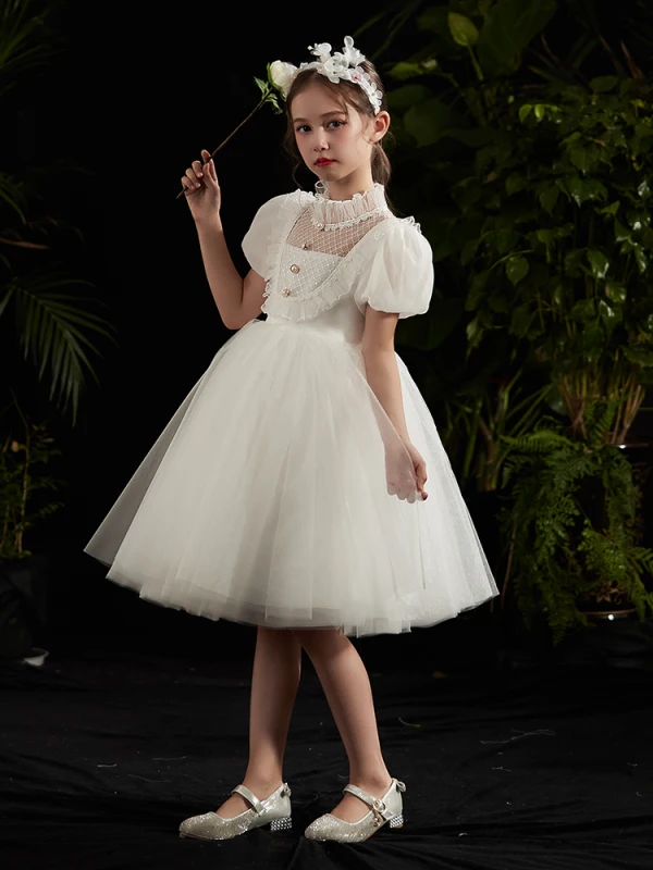 Vintage / Retro White Flower Girl Dresses 2020 Ball Gown High Neck Puffy Short Sleeve Beading Knee-Length Ruffle