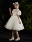 Vintage / Retro White Flower Girl Dresses 2020 Ball Gown High Neck Puffy Short Sleeve Beading Knee-Length Ruffle