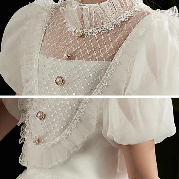 Vintage / Retro White Flower Girl Dresses 2020 Ball Gown High Neck Puffy Short Sleeve Beading Knee-Length Ruffle