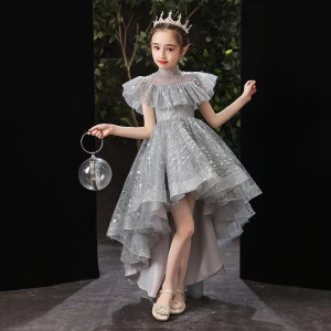 Vintage Originale Gris Anniversaire Robe Ceremonie Fille 2020 Robe Boule Transparentes Col Haut Manches Courtes Paillettes Perlage Asymétrique Volants