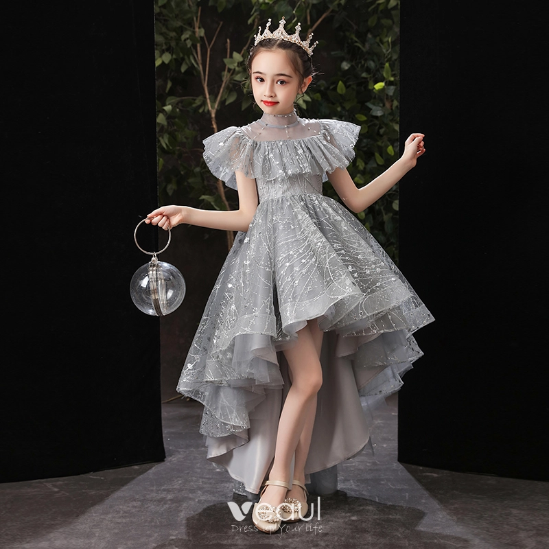 Vintage Retro Grey Birthday Flower Girl Dresses 2020 Ball Gown See through High Neck Short Sleeve Sequins Beading Asymmetrical Ruffle