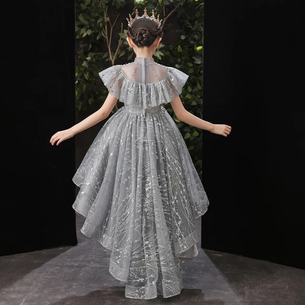 Vintage / Retro Grey Birthday Flower Girl Dresses 2020 Ball Gown See-through High Neck Short Sleeve Sequins Beading Asymmetrical Ruffle