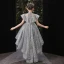 Vintage / Retro Grey Birthday Flower Girl Dresses 2020 Ball Gown See-through High Neck Short Sleeve Sequins Beading Asymmetrical Ruffle