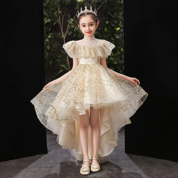 Vintage / Retro Grey Birthday Flower Girl Dresses 2020 Ball Gown See-through High Neck Short Sleeve Sequins Beading Asymmetrical Ruffle