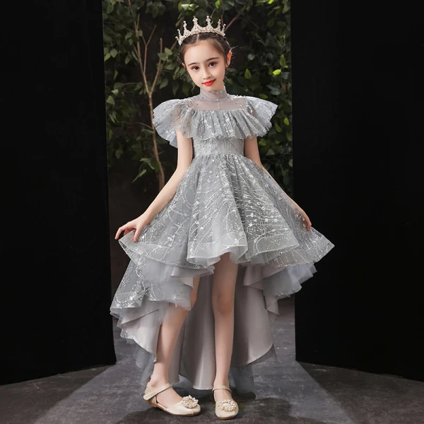 Vintage / Retro Grey Birthday Flower Girl Dresses 2020 Ball Gown See-through High Neck Short Sleeve Sequins Beading Asymmetrical Ruffle