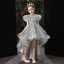 Vintage / Retro Grey Birthday Flower Girl Dresses 2020 Ball Gown See-through High Neck Short Sleeve Sequins Beading Asymmetrical Ruffle