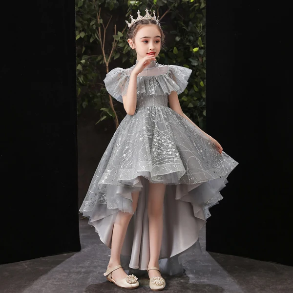 Vintage / Retro Grey Birthday Flower Girl Dresses 2020 Ball Gown See-through High Neck Short Sleeve Sequins Beading Asymmetrical Ruffle