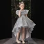Vintage / Retro Grey Birthday Flower Girl Dresses 2020 Ball Gown See-through High Neck Short Sleeve Sequins Beading Asymmetrical Ruffle