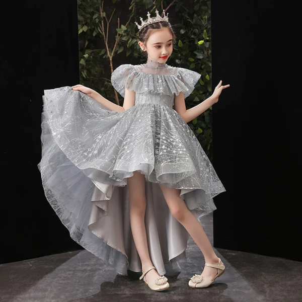 Vintage / Retro Grey Birthday Flower Girl Dresses 2020 Ball Gown See-through High Neck Short Sleeve Sequins Beading Asymmetrical Ruffle