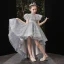 Vintage / Retro Grey Birthday Flower Girl Dresses 2020 Ball Gown See-through High Neck Short Sleeve Sequins Beading Asymmetrical Ruffle