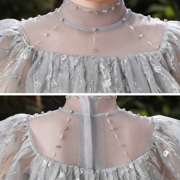 Vintage / Retro Grey Birthday Flower Girl Dresses 2020 Ball Gown See-through High Neck Short Sleeve Sequins Beading Asymmetrical Ruffle