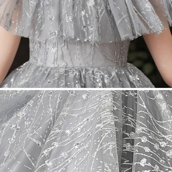 Vintage / Retro Grey Birthday Flower Girl Dresses 2020 Ball Gown See-through High Neck Short Sleeve Sequins Beading Asymmetrical Ruffle