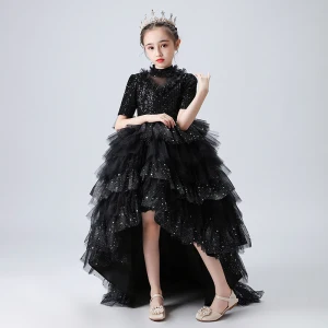 Vintage Retro Black Birthday Flower Girl Dresses 2020 Ball Gown See Through High Neck Short Sleeve Sequins Beading Rhinestone Asymmetrical Cascading Ruffles
