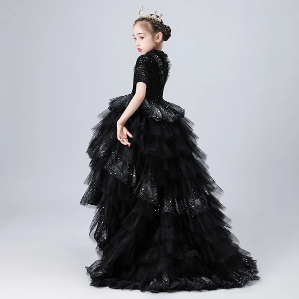 Vintage / Originale Noire Anniversaire Robe Ceremonie Fille 2020 Robe Boule Transparentes Col Haut Manches Courtes Paillettes Perlage Faux Diamant Asymétrique Volants en Cascade