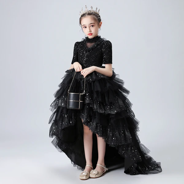 Vintage / Originale Noire Anniversaire Robe Ceremonie Fille 2020 Robe Boule Transparentes Col Haut Manches Courtes Paillettes Perlage Faux Diamant Asymétrique Volants en Cascade