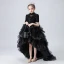 Vintage / Originale Noire Anniversaire Robe Ceremonie Fille 2020 Robe Boule Transparentes Col Haut Manches Courtes Paillettes Perlage Faux Diamant Asymétrique Volants en Cascade