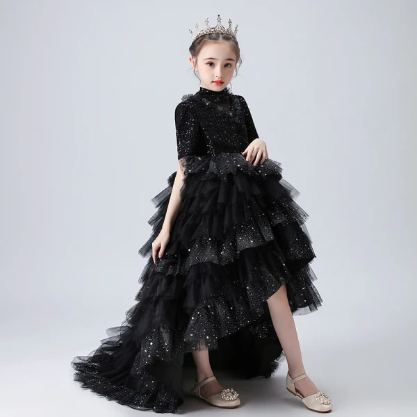 Vintage / Originale Noire Anniversaire Robe Ceremonie Fille 2020 Robe Boule Transparentes Col Haut Manches Courtes Paillettes Perlage Faux Diamant Asymétrique Volants en Cascade