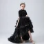 Vintage / Originale Noire Anniversaire Robe Ceremonie Fille 2020 Robe Boule Transparentes Col Haut Manches Courtes Paillettes Perlage Faux Diamant Asymétrique Volants en Cascade