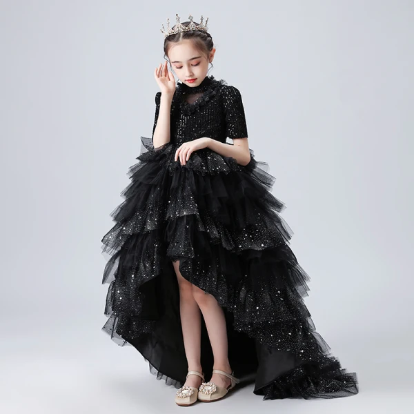 Vintage / Originale Noire Anniversaire Robe Ceremonie Fille 2020 Robe Boule Transparentes Col Haut Manches Courtes Paillettes Perlage Faux Diamant Asymétrique Volants en Cascade