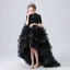 Vintage / Originale Noire Anniversaire Robe Ceremonie Fille 2020 Robe Boule Transparentes Col Haut Manches Courtes Paillettes Perlage Faux Diamant Asymétrique Volants en Cascade