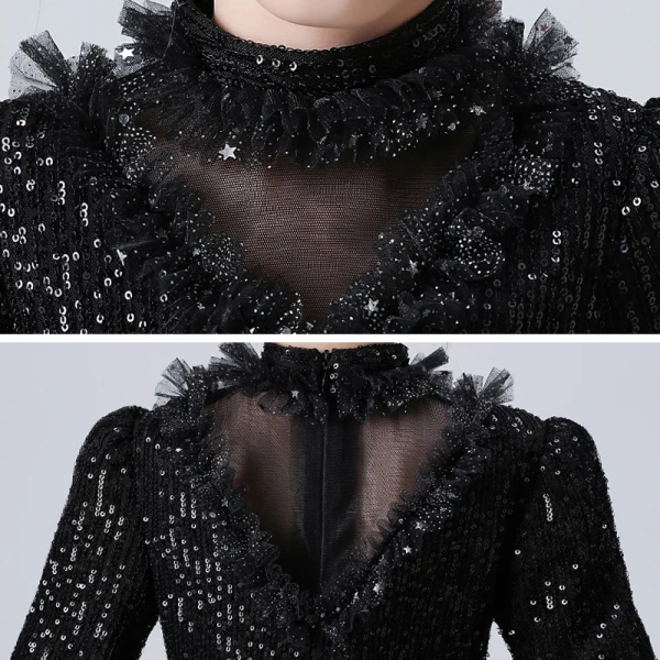 Vintage / Originale Noire Anniversaire Robe Ceremonie Fille 2020 Robe Boule Transparentes Col Haut Manches Courtes Paillettes Perlage Faux Diamant Asymétrique Volants en Cascade