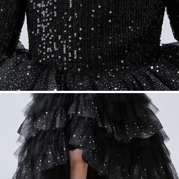 Vintage / Originale Noire Anniversaire Robe Ceremonie Fille 2020 Robe Boule Transparentes Col Haut Manches Courtes Paillettes Perlage Faux Diamant Asymétrique Volants en Cascade