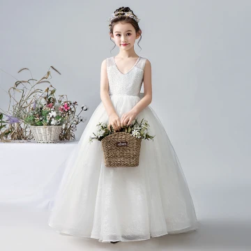 Élégant Blanche Robe Ceremonie Fille 2020 Princesse V Cou Sans Manches Paillettes Perlage Dos Nu Noeud Longue Volants