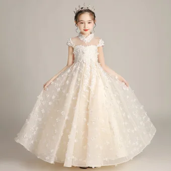 Fée Des Fleurs Champagne Anniversaire Robe Ceremonie Fille 2020 Princesse Transparentes Col Haut Manches Courtes Appliques Fleur Perlage Longue Volants