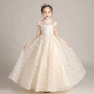 Flower Fairy Champagne Birthday Flower Girl Dresses 2020 A Line Princess See Through High Neck Short Sleeve Appliques Flower Beading Floor Length Long Ruffle
