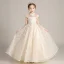 Flower Fairy Champagne Birthday Flower Girl Dresses 2020 A-Line / Princess See-through High Neck Short Sleeve Appliques Flower Beading Floor-Length / Long Ruffle