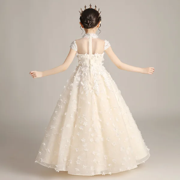 Flower Fairy Champagne Birthday Flower Girl Dresses 2020 A-Line / Princess See-through High Neck Short Sleeve Appliques Flower Beading Floor-Length / Long Ruffle