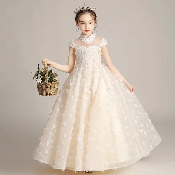 Flower Fairy Champagne Birthday Flower Girl Dresses 2020 A-Line / Princess See-through High Neck Short Sleeve Appliques Flower Beading Floor-Length / Long Ruffle