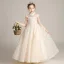 Flower Fairy Champagne Birthday Flower Girl Dresses 2020 A-Line / Princess See-through High Neck Short Sleeve Appliques Flower Beading Floor-Length / Long Ruffle