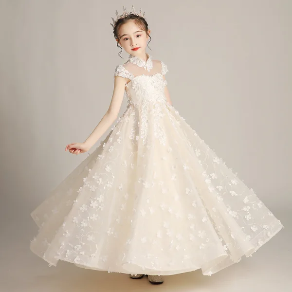 Flower Fairy Champagne Birthday Flower Girl Dresses 2020 A-Line / Princess See-through High Neck Short Sleeve Appliques Flower Beading Floor-Length / Long Ruffle