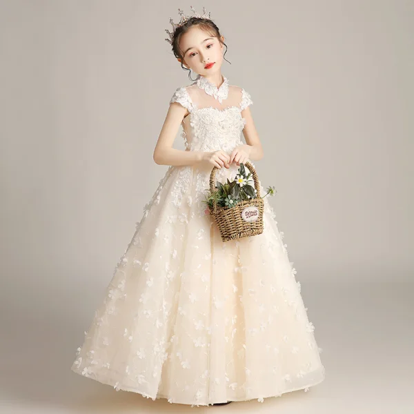 Flower Fairy Champagne Birthday Flower Girl Dresses 2020 A-Line / Princess See-through High Neck Short Sleeve Appliques Flower Beading Floor-Length / Long Ruffle