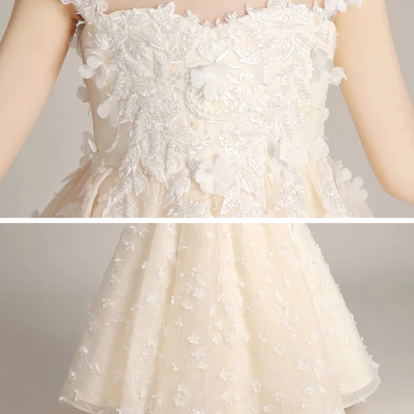 Flower Fairy Champagne Birthday Flower Girl Dresses 2020 A-Line / Princess See-through High Neck Short Sleeve Appliques Flower Beading Floor-Length / Long Ruffle