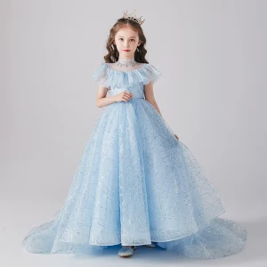 Vintage Retro Sky Blue Birthday Flower Girl Dresses 2020 Princess See Through High Neck Long Sleeve Sequins Beading Sweep Train Ruffle