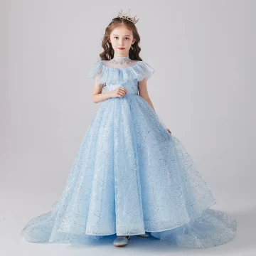 Vintage Retro Sky Blue Birthday Flower Girl Dresses 2020 Princess See Through High Neck Long Sleeve Sequins Beading Sweep Train Ruffle