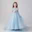 Vintage / Originale Bleu Ciel Anniversaire Robe Ceremonie Fille 2020 Princesse Transparentes Col Haut Manches Longues Paillettes Perlage Train De Balayage Volants