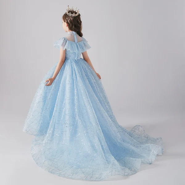 Vintage / Originale Bleu Ciel Anniversaire Robe Ceremonie Fille 2020 Princesse Transparentes Col Haut Manches Longues Paillettes Perlage Train De Balayage Volants
