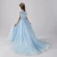 Vintage / Originale Bleu Ciel Anniversaire Robe Ceremonie Fille 2020 Princesse Transparentes Col Haut Manches Longues Paillettes Perlage Train De Balayage Volants