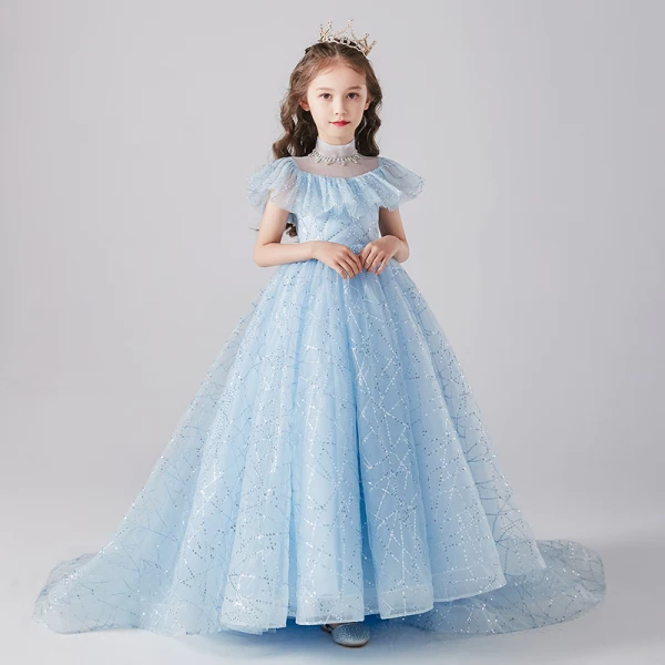 Vintage / Originale Bleu Ciel Anniversaire Robe Ceremonie Fille 2020 Princesse Transparentes Col Haut Manches Longues Paillettes Perlage Train De Balayage Volants