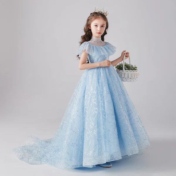 Vintage / Originale Bleu Ciel Anniversaire Robe Ceremonie Fille 2020 Princesse Transparentes Col Haut Manches Longues Paillettes Perlage Train De Balayage Volants