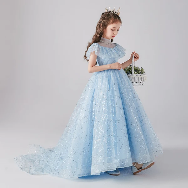 Vintage / Originale Bleu Ciel Anniversaire Robe Ceremonie Fille 2020 Princesse Transparentes Col Haut Manches Longues Paillettes Perlage Train De Balayage Volants