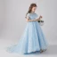 Vintage / Originale Bleu Ciel Anniversaire Robe Ceremonie Fille 2020 Princesse Transparentes Col Haut Manches Longues Paillettes Perlage Train De Balayage Volants