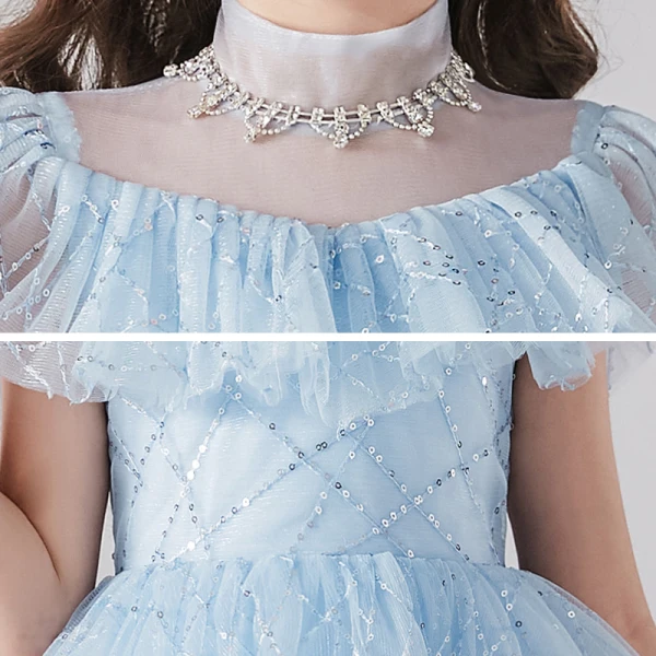 Vintage / Originale Bleu Ciel Anniversaire Robe Ceremonie Fille 2020 Princesse Transparentes Col Haut Manches Longues Paillettes Perlage Train De Balayage Volants