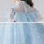 Vintage / Originale Bleu Ciel Anniversaire Robe Ceremonie Fille 2020 Princesse Transparentes Col Haut Manches Longues Paillettes Perlage Train De Balayage Volants