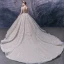 Luxury / Gorgeous Champagne Bridal Wedding Dresses 2020 Ball Gown See-through Scoop Neck Long Sleeve Backless Handmade  Beading Cathedral Train Ruffle