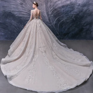Luxury Gorgeous Champagne Bridal Wedding Dresses 2020 Ball Gown See Through Scoop Neck Long Sleeve Backless Handmade Beading Cathedral Train Ruffle