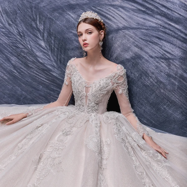 Luxury / Gorgeous Champagne Bridal Wedding Dresses 2020 Ball Gown See-through Scoop Neck Long Sleeve Backless Handmade  Beading Cathedral Train Ruffle